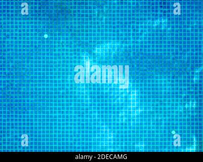 Blue pool background. Swimming pool bottom background with small square blue mosaic tiles with tree shadow on clear water surface, view from top. Stock Photo