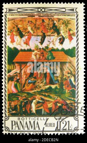 MOSCOW, RUSSIA - OCTOBER 17, 2020: Postage stamp printed in Panama shows The Mystical Nativity, Sandro Botticelli, Religious paintings serie, circa 19 Stock Photo