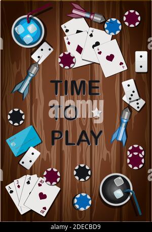 Top view of a wooden table with items for gambling and sports games. Table with items for playing Darts, bowling, cards, poker, dominoes, casino chips. The card for party with presents. Greeting card for father s day, international men s day. Brutal bright illustration for men s banner, website or advertising. Vector illustration in flat style. Stock Vector