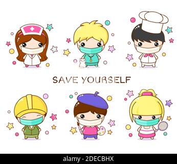 Healthcare and sickness prevention. Doctor, vet, artist, worker, tennis player, chef wearing protective medical mask for prevent virus. Inscription Sa Stock Vector