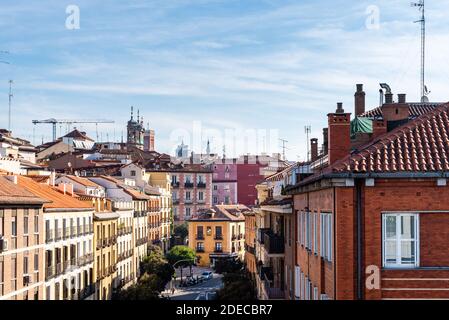 Madrid, Spain - November 1, 2020: View of historical cityscape of Madrid and Segovia Street in a blue sky day Stock Photo