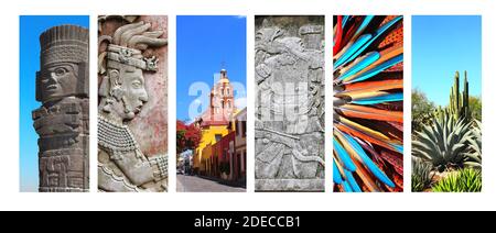 Collection of vertical banners with famous landmarks of Mexico. Bas-relief of mayan king Pakal, tower bell in Queretaro, atlantean in Tula, feathers f Stock Photo