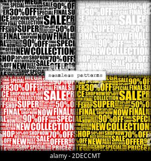 set of seamless lettering patterns with sale offer slogans. black friday sales clearance discount promotional design for banner wrapping cards packaging Stock Vector