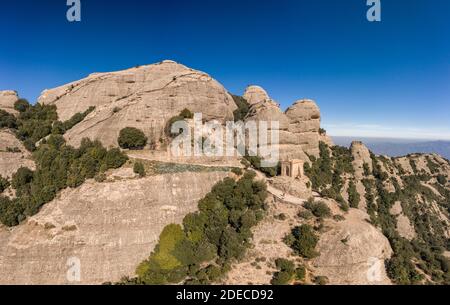 Aerial drone shot of Sant Jeroni peak on Montserrat near Barcelona in winter morning Stock Photo