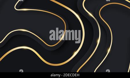 Abstract wave vector fluid and shiny gold lines on dark blue background Stock Vector