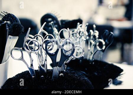 Close-up of scissors and brushes in a stand. Beauty salon tools. Selective soft focus. Stock Photo