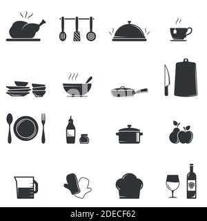 Set of black vector icons, isolated against white background. Flat illustration on a theme Kitchen and culinary Stock Vector