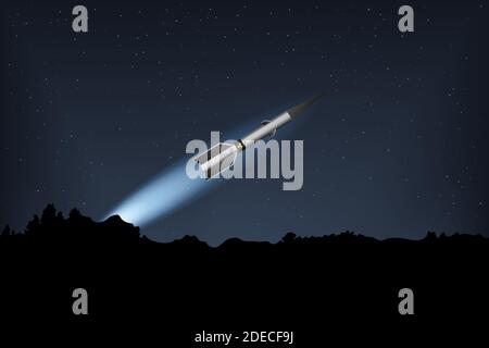 A nuclear missile flies in the night sky. Vector illustration. Military forces. Stock Vector