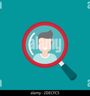 Recruitment icon. Red magnifier with human isolated on Blue. Magnifying glass icon. Find people, human research. Vector illustration. know your custom Stock Vector