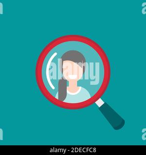 Recruitment icon. Red magnifier with human isolated on Blue. Magnifying glass icon. Find people, human research. Vector illustration. know your custom Stock Vector