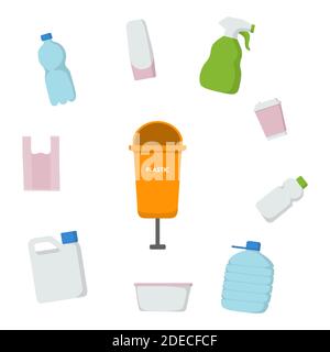 Waste sorting set. Vector illustration design. Orange trash bin for plastic. Bottle, drink, bag, cosmetics, spray shampoo canister Stock Vector