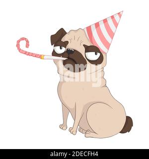 Cute grumpy pug dog with birthday cap and holiday whistle. Vector hand drawn illustration in cartoons style. Isolated on white background. Best for pr Stock Vector