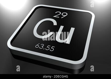 Copper element from periodic table on black square block, 3d rendering Stock Photo