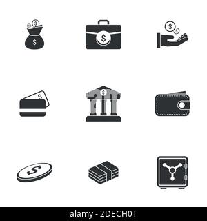 Simple icon set related to Money. A set of sixteen symbols. Stock Vector