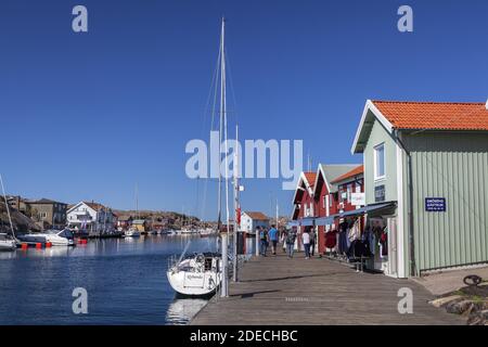 geography / travel, Sweden, Bohuslaen, Smoegen, harbour boardwalk with restaurant and boutique on the , Additional-Rights-Clearance-Info-Not-Available Stock Photo