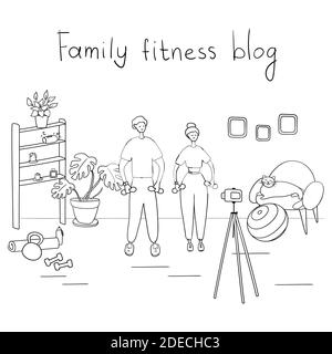 Fitness blog. Trainers record video for their followers. Remote workout concept. Sportsmen train and record video on camera. Cartoon vector illustrati Stock Vector