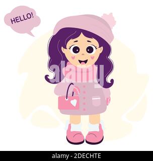A cute, beautiful girl in winter clothes - a hat, a scarf, a coat, glove and boots with a small handbag on her hand. Next to the cloud with the text - Stock Vector