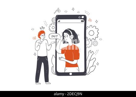 Customer service, online support concept. Man consumer client cartoon character talking with digital call center woman worker asking issues receiving answers. Frequently asked questions illustration. Stock Vector