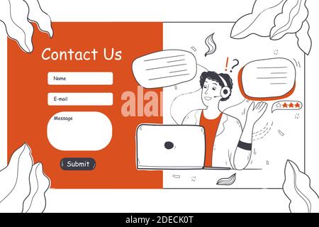 Customer service, online support, helpdesk concept. Contact us form website template or landing page illustration. Woman call center worker agent operator character with headsets talking with client.  Stock Vector