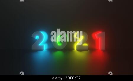 Happy new year 2021 3d illustration rendering text number neon effect light colorful on black background  . Stock Photo