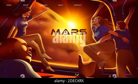 Vector illustration featuring the expedition of 4 space astronauts congratulate together inside the spaceship for arriving the mars Stock Vector