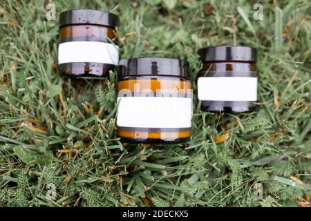Bottles with empty stickers to copy paste lying on the green grass Stock Photo