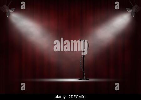Microphone standing on stage in spotlight, red curtain background. Comedy show opening, celebration event, announcement, performance vector Stock Vector