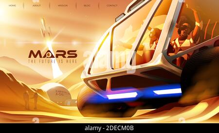Vector illustration featuring various missions on Mars, scientists driving a rover, the space shuttle is being launched to the orbit of the planet Stock Vector