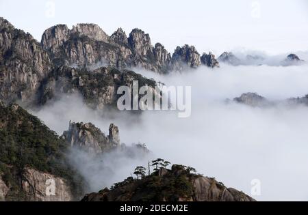 Huangshan, Huangshan, China. 29th Nov, 2020. Anhui, CHINA-A view of the sea of clouds is seen at Huangshan Mountain scenic Area in Anhui Province, Nov. 29, 2020.On that day, the Yellow Mountain scenic Area in Anhui province cleared after snow, ushering in the first large area of the sea of clouds beauty this winter, qunfeng in the surging sea of clouds, looming, illusive, magnificent. Credit: SIPA Asia/ZUMA Wire/Alamy Live News Stock Photo