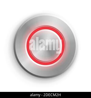 Chrome circle button. Metal silver round 3d icon vector illustration. Shiny circular realistic object on white background. Abstract element with red Stock Vector