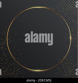 Thin round golden geometric border and confetti on dark transparent background. Glossy circle banner with copyspace. Vector elegant colorful wallpaper Stock Vector