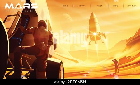 Vector illustration of missions on the mars that has the space shuttle is landing on the Mars surface for landing page template Stock Vector