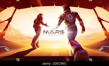 Vector illustration of two astronauts are walking out from the spaceship to the outside on Mars, ready for the greatest exploration Stock Vector