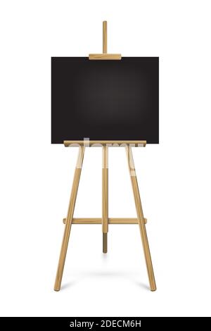 Easel with black horizontal paper sheet. Vector realistic design element isolated on white background. Stock Vector