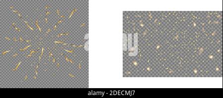 Gold confetti falling on transparent background. Birthday party or Christmas celebration event vector illustration. Realistic shiny golden paper Stock Vector