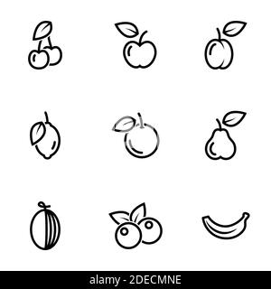 Set of simple icons on a theme Fruits, berries, goodies, vector, set. White background Stock Vector