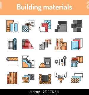 Building materials color line icons set. Pictograms for web page, mobile app, promo. Stock Vector