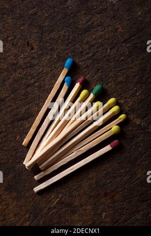 matches of different colors on wood Stock Photo