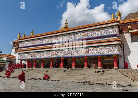 Xiahe, Gansu Province / China - April 28, 2017: View on richly ornamented building inside Labrang monastery. Largest tibetan monastery outside of Tibe