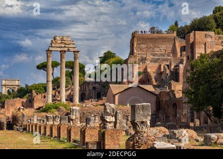 City of Rome in Italy, ancient ruins at Roman Forum and Palatine Hill, columns of Temple of Castor and Pollux Stock Photo