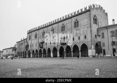 Mantua, Lombardy, Italy, December 2015: The Captain Palace in Renaissance square Piazza Sordello, Mantua, during the Christmas time. Black and White photography. Stock Photo
