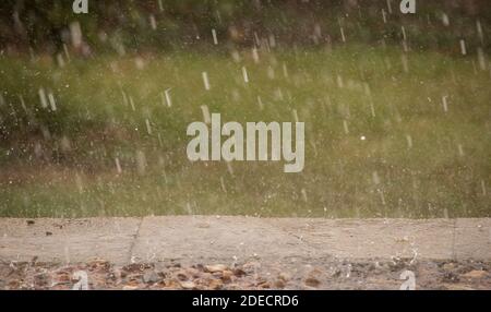 Heavy, summer rain falling, onto path and grass in garden. Puddles on path. Tamborine Mountain, Queensland, Australia. Stock Photo