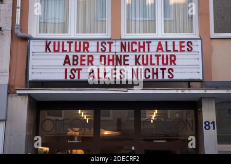 the closed Odeon cinema in Severinstrasse during the second Corona lockdown, November 26th, 2020, Cologne, Germany. Display translation: Culture is no Stock Photo