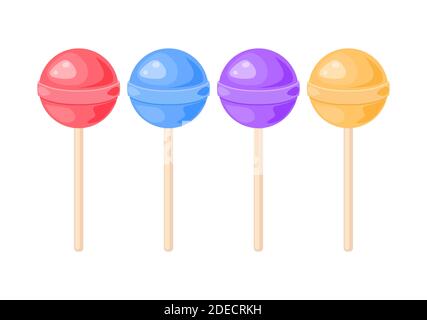Lollipops set. Vector illustration isolated on white background. Cartoon colorful collection of round popsicle on stick. Clipart icon. Eps 10 design. Stock Vector
