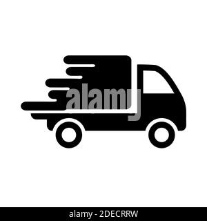 Delivery truck symbol. Vector concept of fast shipping service.Silhouette icon of transport van or package courier. Illustration of speed moving lorry Stock Vector