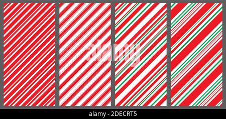 Candy cane pattern set. Collection of diagonal christmas backgrounds. Red, white and green stripes seamless wrapping paper. Holiday backdrop in classi Stock Vector