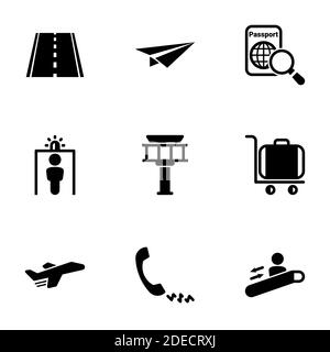 Set of simple icons on a theme Airport, runway, plane, transport, vector, set. Black icons isolated against white background Stock Vector