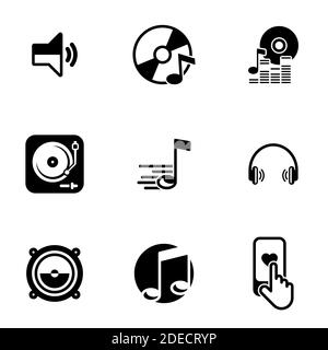 Set of simple icons on a theme Music, sound, wave, disc, vinyl, vector, set. White background Stock Vector