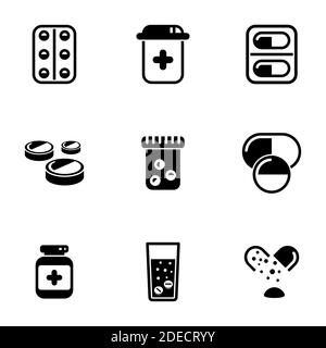 Set of simple icons on a theme Medicines, medicine, tablets, antidepressant, vector, set. White background Stock Vector