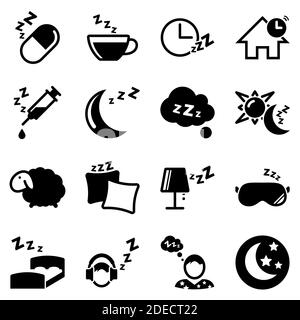 Set of simple icons on a theme Sleep, bedroom, house, lighting, night, vector, set, flat, sign, symbol, object. Black icons isolated against white bac Stock Vector